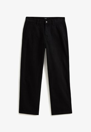 Μαύρο παντελόνι με ίσια γραμμή, θηλιές για ζώνη, εμπρόσθιες τσέπες και κούμπωμα με κουμπί, τοποθετημένο επίπεδα σε λευκό φόντο.