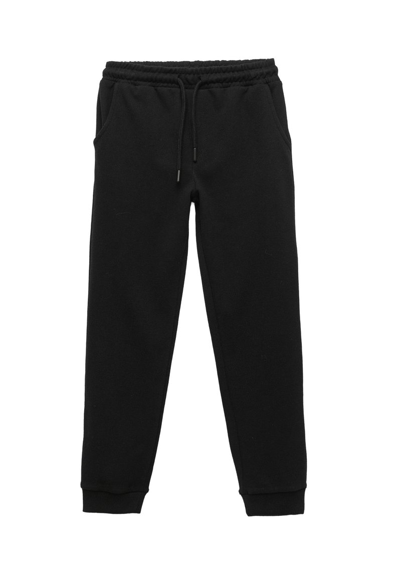 Zwarte trainingsbroek van zacht materiaal, met een elastische tailleband met een koord, zijzakken en geribbelde boorden.