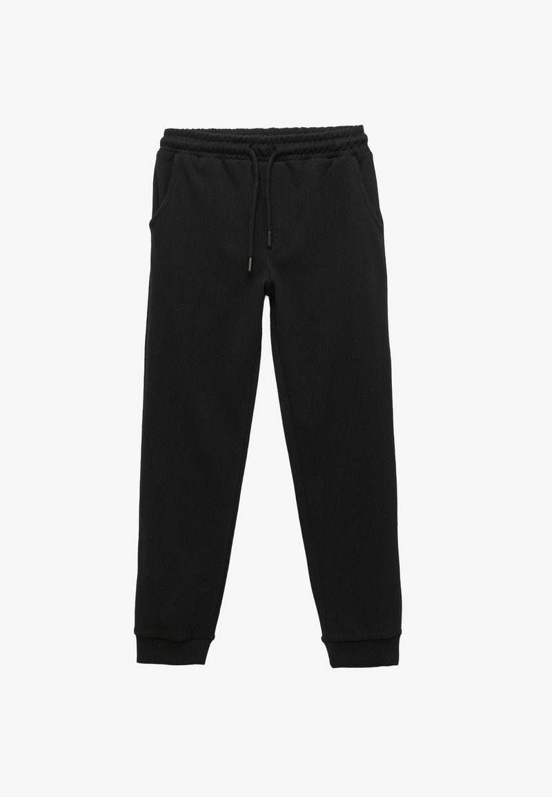 Zwarte trainingsbroek van zacht materiaal, met een elastische tailleband met een koord, zijzakken en geribbelde boorden.