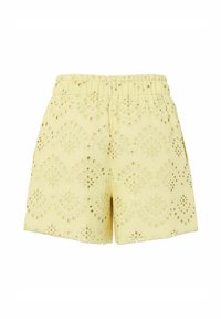 Κίτρινα βαμβακερά σορτς με κεντητά μάτια (eyelet), ελαστική μέση και κυματιστό λουλουδάτο σχέδιο.