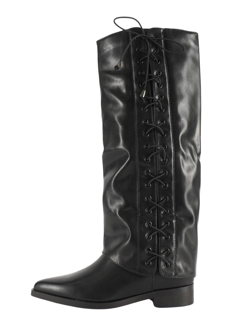 Stivale in pelle nera fino al ginocchio con una finitura liscia, dotato di lacci anteriori e un tacco basso a blocco. Design con punta affusolata.