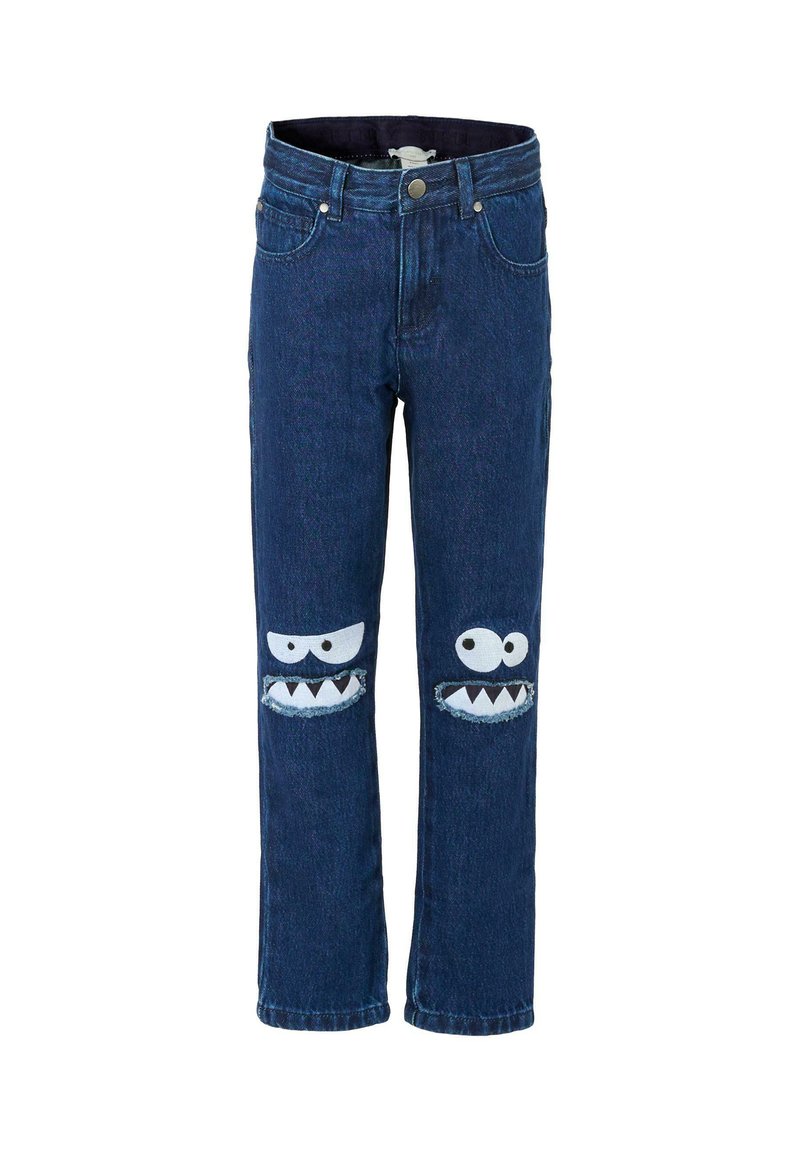 Jean pour enfants en denim bleu marine avec deux détails de genoux en patch, représentant des visages de monstres de dessin animé, incluant des yeux et des dents pointues.