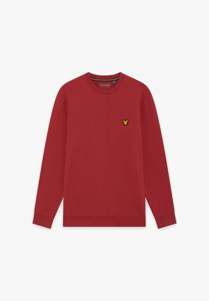 Rød langærmet sweatshirt med rund hals og et lille gult og sort fugleemblem på venstre bryst.