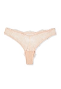 Stringe en dentelle pêche clair avec motifs floraux délicats et bords festonnés, posée à plat sur un fond blanc.