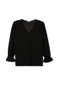 Blusa nera con maniche lunghe a palloncino, scollatura a V e polsini con volant. Presenta un motivo a pois testurizzato su tutta la superficie. Tessuto morbido e trasparente.