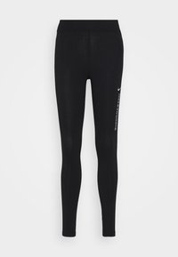 Svarta leggings i stretchmaterial med hög midja och vit Nike-logotyp på sidan. Slen textur och åtsittande design.