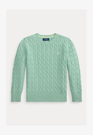 Heleroheline kaablikootud ümar-kaelusega kampsun soonikkoes varrukate ja äärega, millel on rinnal väike kollane Polo Ralph Laureni logo.