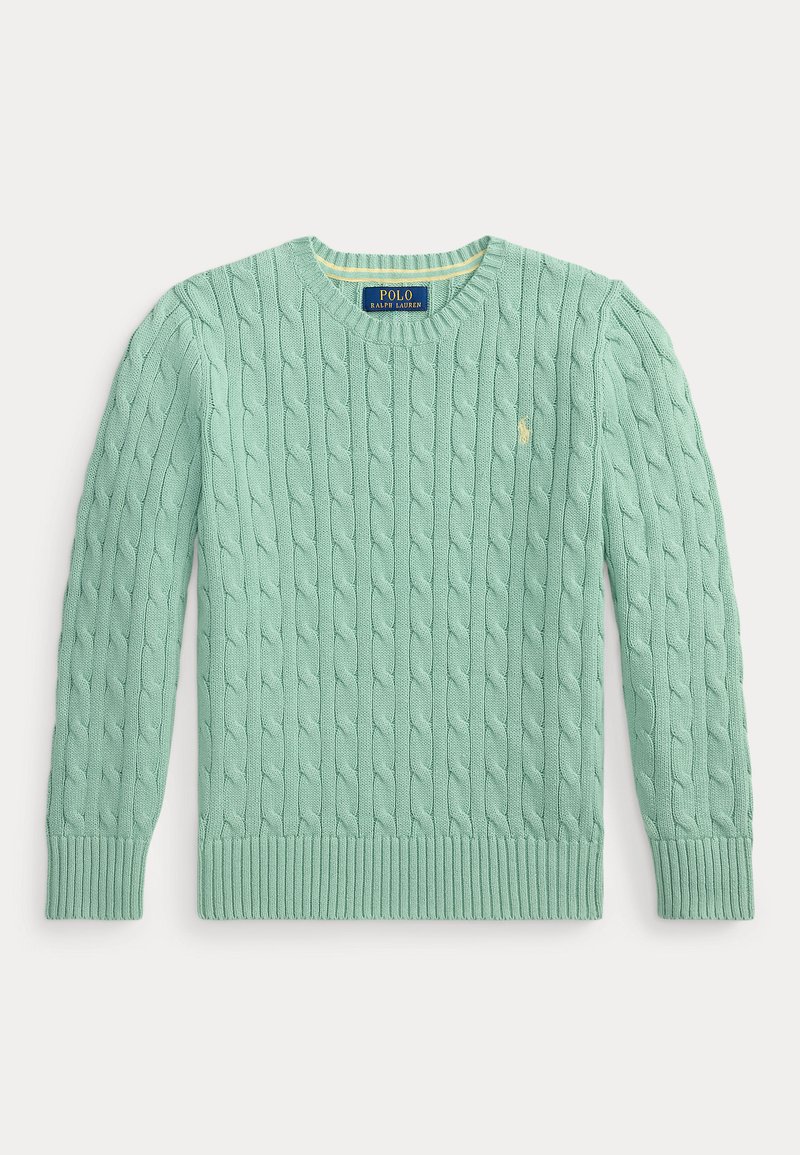 Ανοιχτοπράσινο πουλόβερ με σχέδιο πλέξης καλωδίου και στρογγυλή λαιμόκοψη, με ριμπ μανσέτες και τελείωμα, διακοσμημένο με μικρό κίτρινο λογότυπο Polo Ralph Lauren στο στήθος.