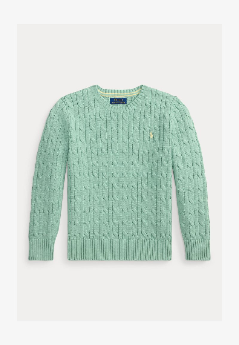 Gaiši zaļš adīts džemperis ar apaļu kaklu, ribotām aprocēm un apakšu, ar nelielu dzeltenu Polo Ralph Lauren logotipu uz krūtīm.