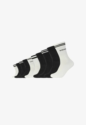 Nine pairs of crew socks: four black and five white. Ribbed texture with contrasting stripes at the top; logo visible on black designs.