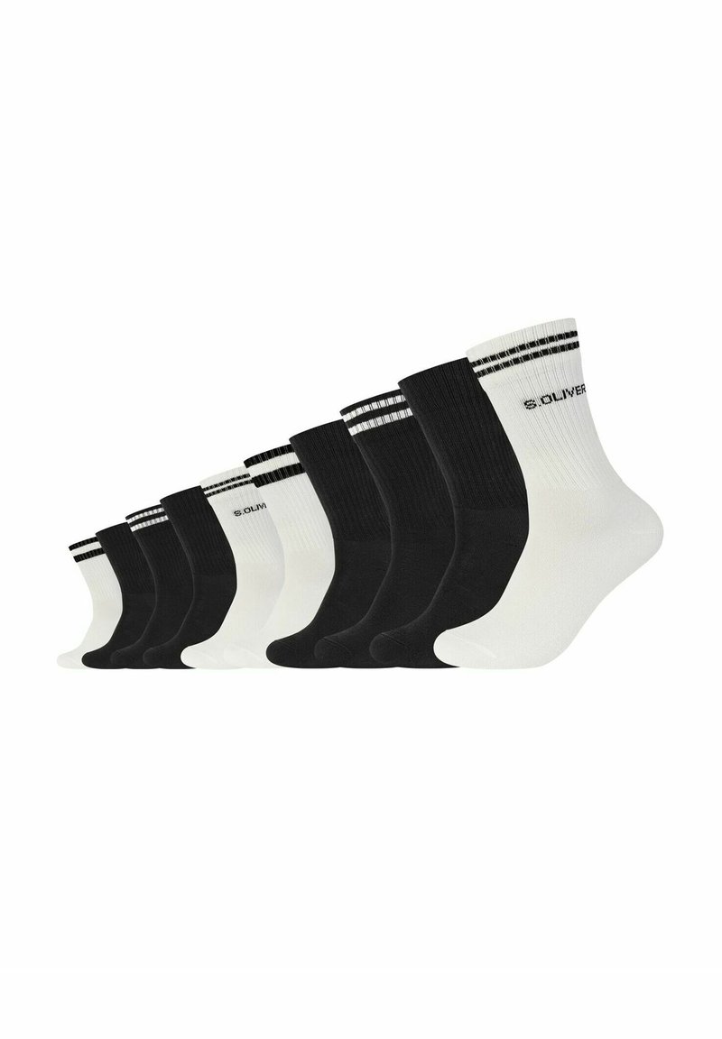 Neun Paar Kniestrümpfe: vier schwarze und fünf weiße. Gerippte Textur mit kontrastierenden Streifen am oberen Rand; Logo auf den schwarzen Designs sichtbar.
