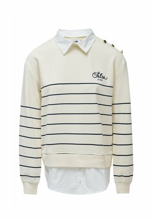 Crème lange mouwen shirt met marineblauwe strepen, vastgestikte witte kraag en knopen op de linker schouder, "Salsa Jeans" logo op de borst.