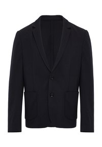Blazer azul marino hecho de una tela suave, que presenta dos bolsillos delanteros, solapas de muesca y cierre de dos botones. Diseño clásico con corte entallado.