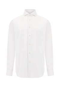 Camicia bianca a maniche lunghe, con bottone frontale e colletto classico, dalla texture liscia, con otto bottoni e orlo dritto.