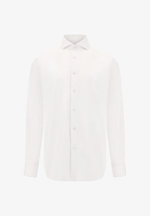 Balts garās piedurknēs krekls, ar pogām priekšā un klasisku apkakli, gluda tekstūra, ar astoņām pogām un taisnu apakšmalu.