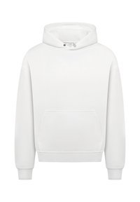 White hoodie made of soft fabric, featuring a kangaroo pocket, adjustable drawstring hood, and ribbed cuffs and hem.