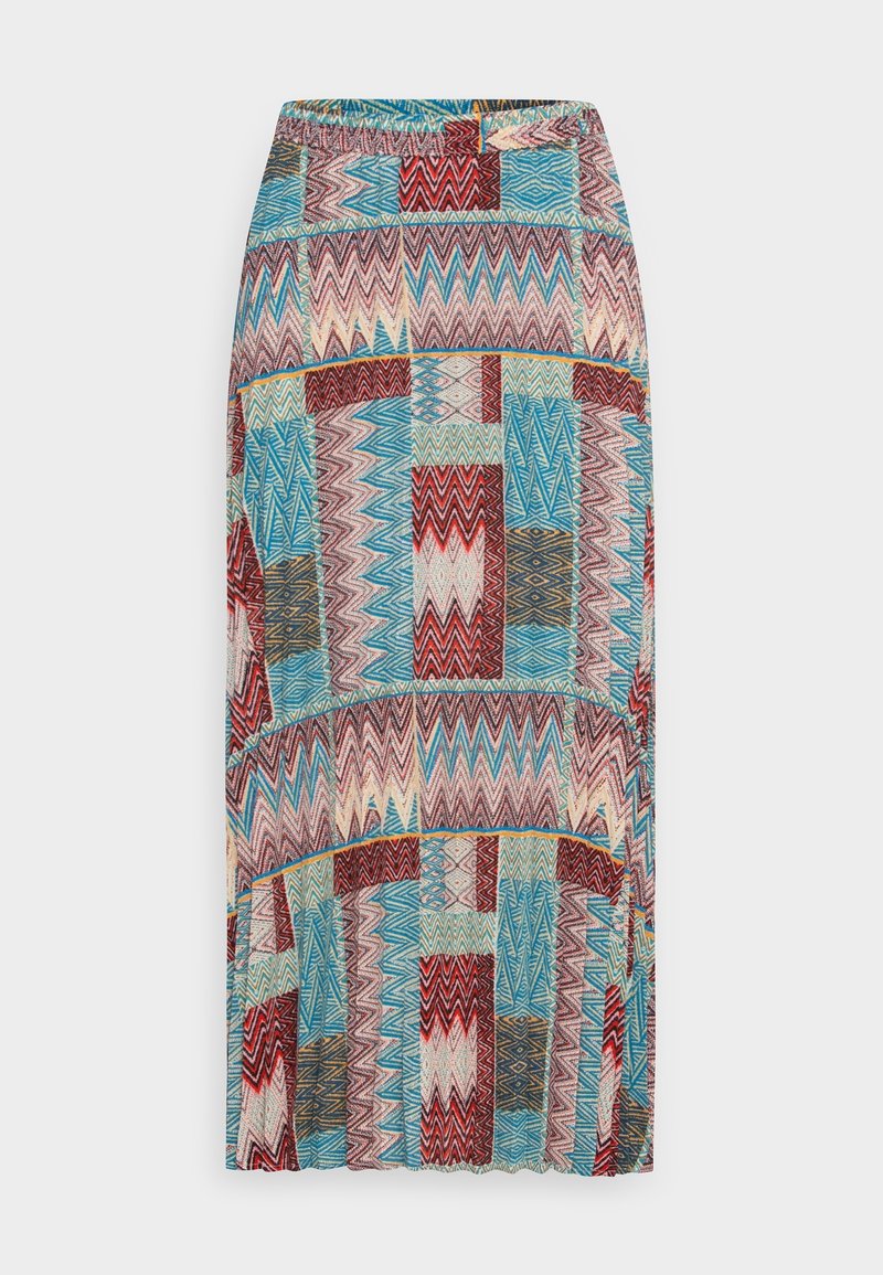 Jupe mi-longue avec un motif patchwork zigzag multicolore et géométrique dans des tons rouges, bleus, beiges et marron.