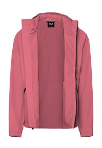 Rosa Softshell-Jacke mit Kapuze, schwarzem Reißverschluss teilweise geöffnet, elastischen Bündchen und Seitentaschen vor weißem Hintergrund.