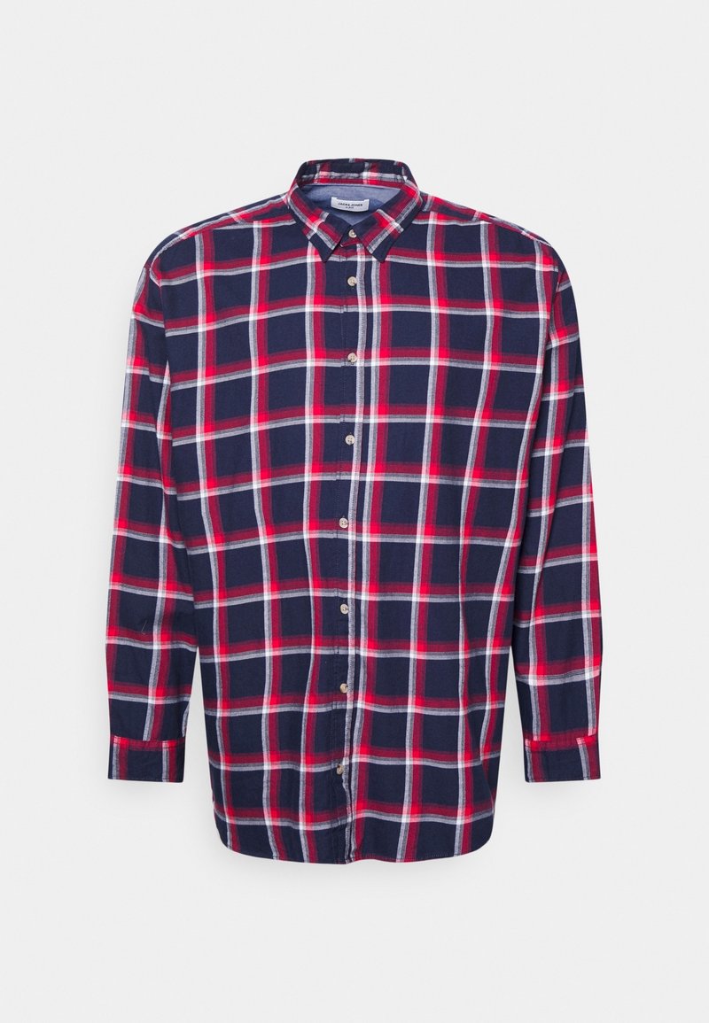 Langärmliges Hemd mit Knopfleiste, das ein kariertes Muster in Marineblau, Rot und Weiß zeigt. Hergestellt aus einem weichen Stoff mit klassischem Kragen.