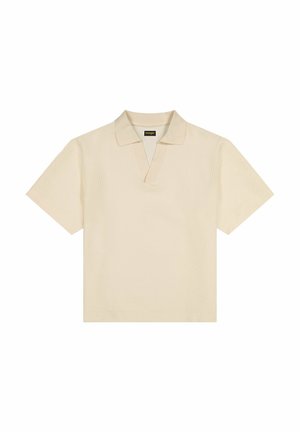 Koszulka polo z krótkim rękawem w jasnobeżowym kolorze z teksturowanym wzorem, kołnierzem w kształcie litery V i gładkim wykończeniem. Prosty design z nowoczesną sylwetką.