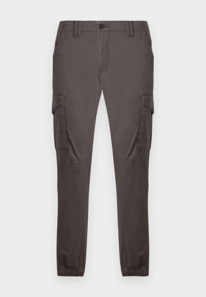 Graue Cargo-Hose aus Baumwollmischgewebe mit zwei seitlichen Cargo-Taschen, schmaler Passform und elastischen Bündchen am Knöchel.