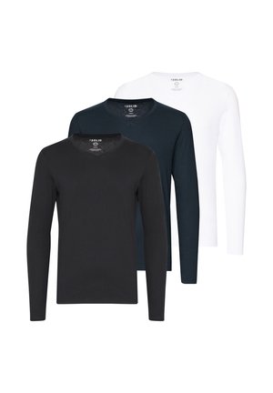 Tre T-shirt a maniche lunghe in nero, blu scuro e bianco, realizzate in un tessuto morbido con scollo a V e vestibilità regolare.