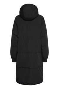 Black long puffer coat with a hood, ribbed cuffs, and stitched panels. Smooth, matte fabric with a relaxed fit for warmth.