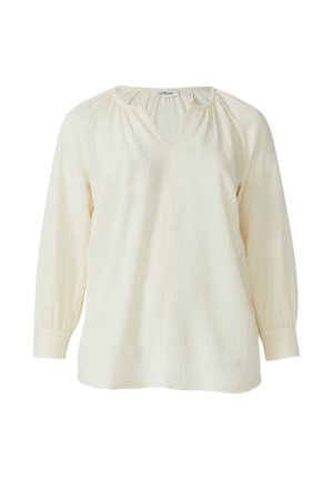Crinkled white blouse with a V-neckline, long sleeves, and gathered detailing at the shoulders. Soft fabric texture and relaxed fit.