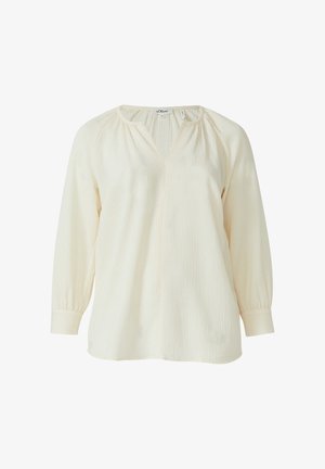 Crinkled white blouse with a V-neckline, long sleeves, and gathered detailing at the shoulders. Soft fabric texture and relaxed fit.