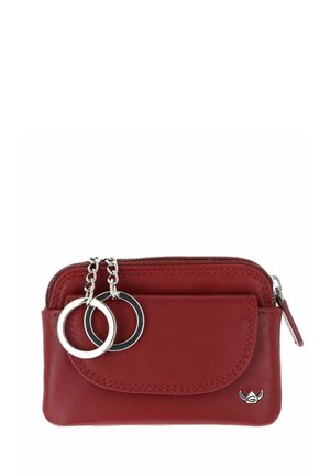 Small red leather coin purse with front pocket, zipper closure, two silver key rings, and a small metal logo on the lower right corner.