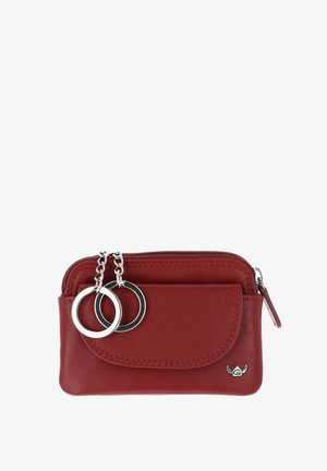 Petit porte-monnaie en cuir rouge avec poche avant, fermeture éclair, deux anneaux porte-clés en argent et un petit logo métallique en bas à droite.