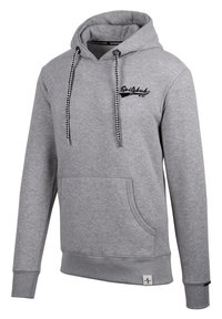 Grau melierte Kapuzenjacke aus Baumwollmischung, mit einer vorderen Tasche, verstellbarem Kordelzug und karierten Akzenten sowie gesticktem Markenlogo auf der Brust.