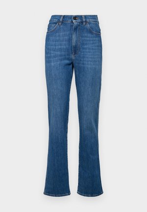 Jeans evazate din denim de culoare albastru mediu, cu talie înaltă, cinci buzunare și cusături tonale. Prezintă un sistem de închidere cu nasture și fermoar.