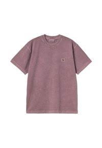 Camiseta de manga corta y cuello redondo en rosa empolvado, hecha de algodón suave, con un pequeño parche de logo en el lado izquierdo del pecho y dobladillos cosidos.