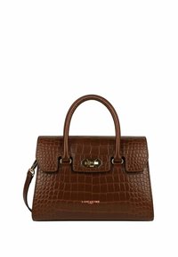 Sac à main en cuir marron avec texture crocodile, design structuré, poignées doubles et fermoir doré. Présente le logo de la marque sur le devant.