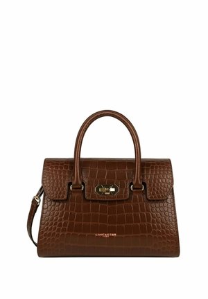 Borsa in pelle marrone con texture a coccodrillo, design strutturato, doppi manici e chiusura in tono oro. Presenta il logo del marchio sul fronte.