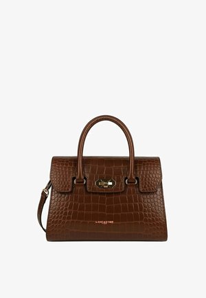 Borsa in pelle marrone con texture a coccodrillo, design strutturato, doppi manici e chiusura in tono oro. Presenta il logo del marchio sul fronte.