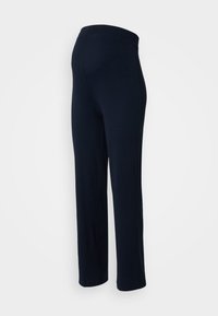 Navy blue stretch pants with a smooth texture, elastic waistband, and straight-leg design, featuring no visible hardware or patterns.