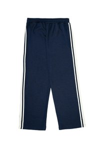Marineblaue Sporthosen mit lockerer Passform, versehen mit weißen Seitenstreifen und einem elastischen Bund. Glatter Stoff mit keine Taschen.