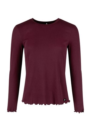 Bordeaux lange mouw top van ribstof, met een ronde halslijn en golvende zoom. Bevat een klein logo detail aan de onderkant.