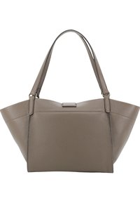 Gray leather tote bag with dual flat handles, structured design, and textured finish. Simple clasp closure on top.