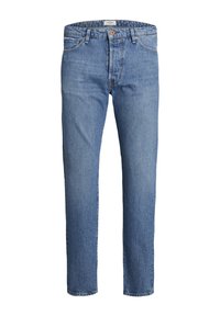 Jeans en denim bleu clair avec une coupe droite, un design à cinq poches, un bouton unique à la taille et un léger délavage sur l'ensemble.