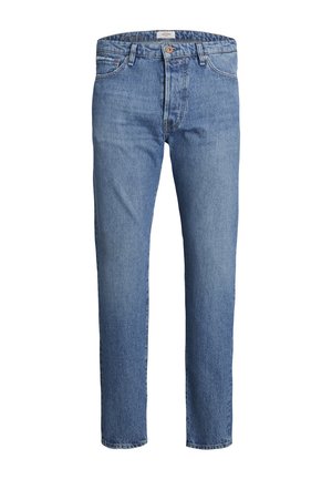 Light blue denim jeans with a straight-leg cut, five-pocket design, a single button at the waist, and subtle fading throughout.