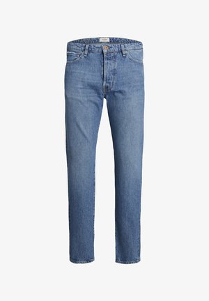 Light blue denim jeans with a straight-leg cut, five-pocket design, a single button at the waist, and subtle fading throughout.