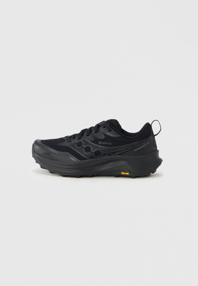 Chaussure de course noire avec une tige texturée dotée de GORE-TEX, une semelle extérieure Vibram et un bout renforcé pour la durabilité. Design à tige basse.