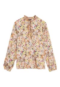 Bluzka z długim rękawem z lekkiego materiału, zdobiona kolorowym kwiatowym wzorem w odcieniach różu, żółci i brązu; z falbaniastym wykończeniem kołnierza.
