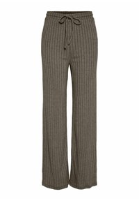 Pantalons de lounge gris à côtes avec une taille élastique réglable. Fabriqués dans un matériau doux, avec des jambes larges et des motifs texturés verticaux.