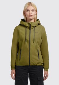 Olive green, hooded jacket with zipper closure and two front pockets. Features elastic cuffs and a slight sheen to the fabric.