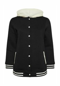 Schwarze Sweatshirtjacke mit cremefarbener Kapuze, Druckknopfverschluss und gestreiften Rippbündchen sowie Saum. Verfügt über seitliche Taschen zur Aufbewahrung.