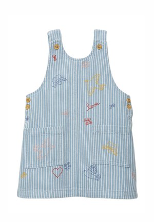 Robe pour tout-petit à rayures bleues et blanches avec des boutons en bois et des oiseaux, des cœurs colorés brodés, ainsi que le mot "amour", avec des poches à l'avant.